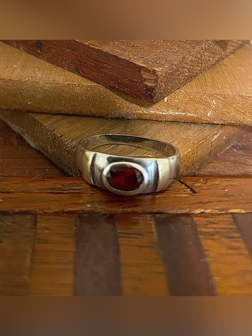 Vintage Sterling Silver Size 7 Ring with Gold Color Accents and Garnet Stone